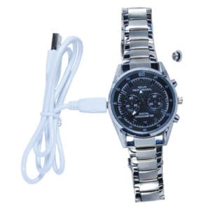 HD Hidden Watch Camera with Built-In DVR, Silver Case and Silver Band adapter connected front view