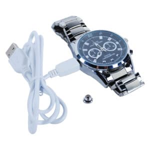 HD Hidden Watch Camera with Built-In DVR, Silver Case and Silver Band adapter connected