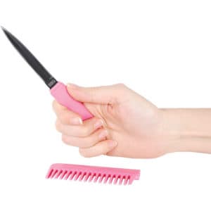 Comb Plastic Knife hand view with knife displayed - PINK