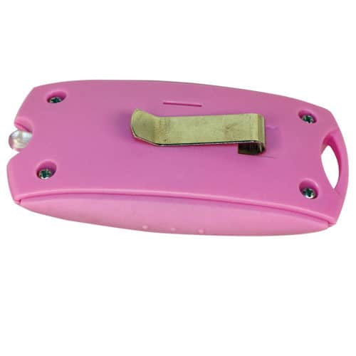 Mini Personal Alarm with LED flashlight and Belt Clip back view with clip - PINK