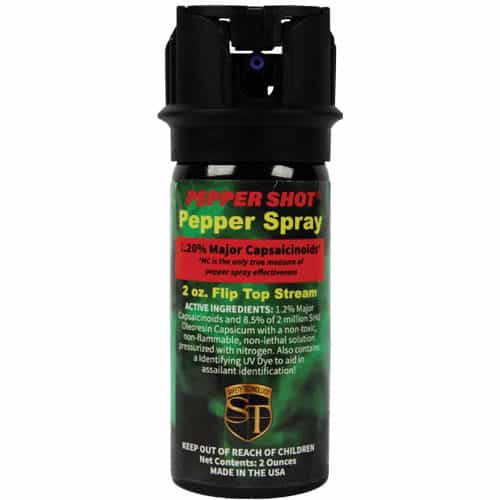 Pepper Shot 1.2% MC 2 oz Pepper Spray front view ingredients displayed