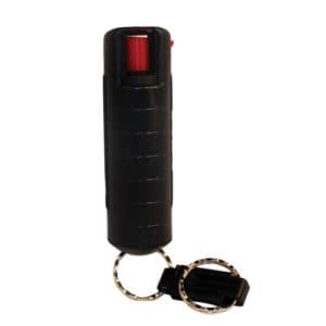 Pepper Shot 1.2% MC 1/2 oz Pepper Spray Hard Case Belt Clip and Quick Release Key Chain back view - BLACK