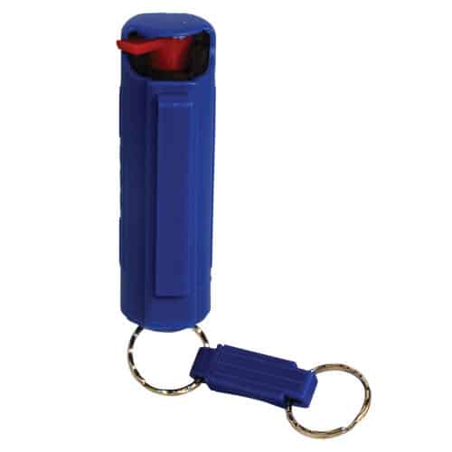 Pepper Shot 1.2% MC 1/2 oz Pepper Spray Hard Case Belt Clip and Quick Release Key Chain front view - BLUE
