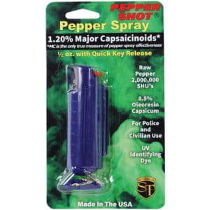 Pepper Shot 1.2% MC 1/2 oz Pepper Spray Hard Case Belt Clip and Quick Release Key Chain package view - BLUE
