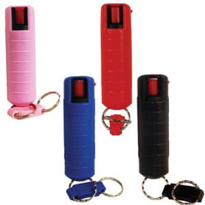 Pepper Shot 1.2% MC 1/2 oz Pepper Spray Hard Case Belt Clip and Quick Release Key Chain group view