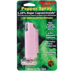 Pepper Shot 1.2% MC 1/2 oz Pepper Spray Hard Case Belt Clip and Quick Release Key Chain package view - PINK