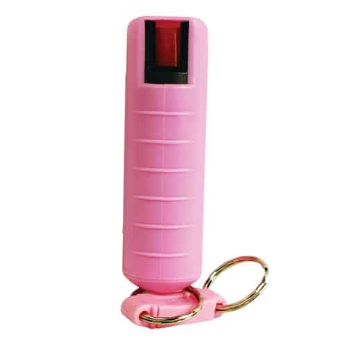 Pepper Shot 1.2% MC 1/2 oz Pepper Spray Hard Case Belt Clip and Quick Release Key Chain front view - PINK