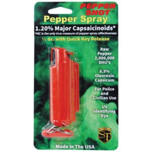 Pepper Shot 1.2% MC 1/2 oz Pepper Spray Hard Case Belt Clip and Quick Release Key Chain package view - RED