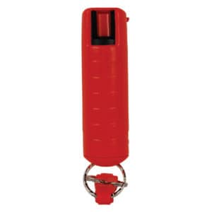 Pepper Shot 1.2% MC 1/2 oz Pepper Spray Hard Case Belt Clip and Quick Release Key Chain back view - RED