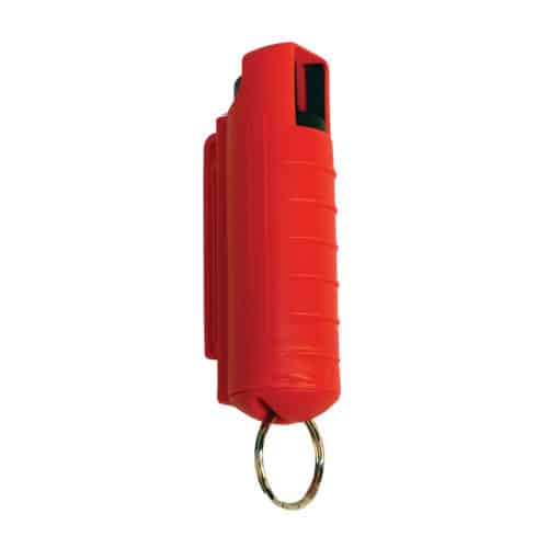 Pepper Shot 1.2% MC 1/2 oz Pepper Spray Hard Case Belt Clip and Quick Release Key Chain side angle - RED