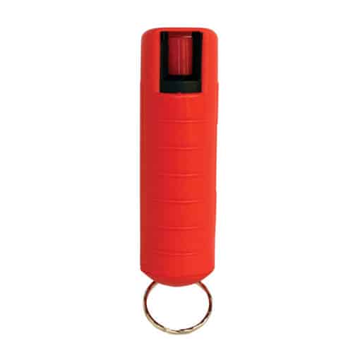 Pepper Shot 1.2% MC 1/2 oz Pepper Spray Hard Case Belt Clip and Quick Release Key Chain front view - RED