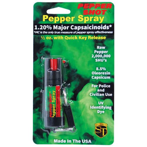: Pepper Shot 1.2% MC 1/2 oz Pepper Spray Belt Clip and Quick Release Key Chain package view - BLACK