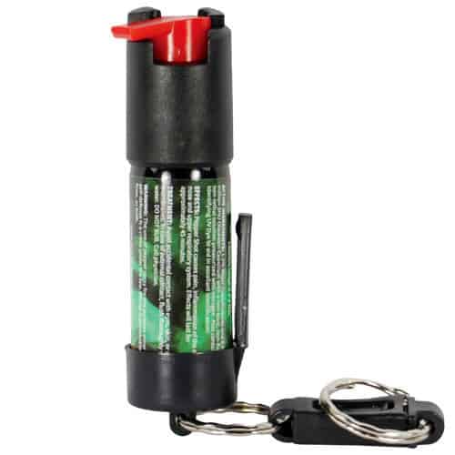 : Pepper Shot 1.2% MC 1/2 oz Pepper Spray Belt Clip and Quick Release Key Chain front view - BLACK