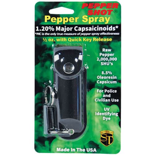Pepper Shot 1/2 oz Pepper Spray Leatherette Holster package view - BLACK