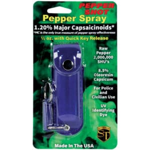 Pepper Shot 1/2 oz Pepper Spray Leatherette Holster package view - BLUE