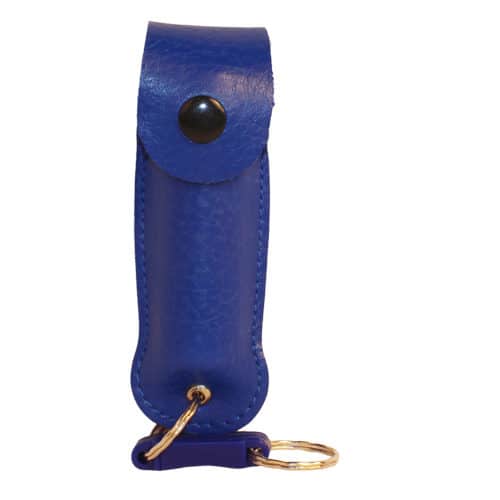 Pepper Shot 1/2 oz Pepper Spray Leatherette Holster front view - BLUE