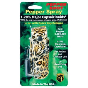 Pepper Shot 1/2 oz Pepper Spray Leatherette Holster package view - Leopard BLACK/ORANGE