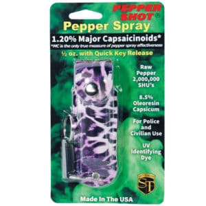 Pepper Shot 1/2 oz Pepper Spray Leatherette Holster package view - Leopard BLACK/PURPLE