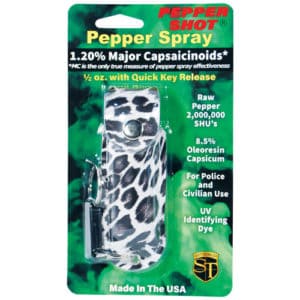 Pepper Shot 1/2 oz Pepper Spray Leatherette Holster package view - Leopard BLACK/WHITE