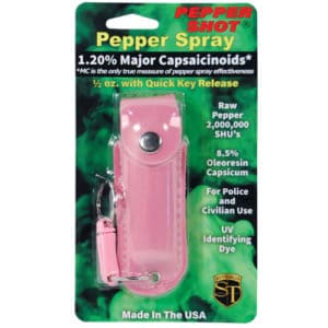 Pepper Shot 1/2 oz Pepper Spray Leatherette Holster package view - PINK