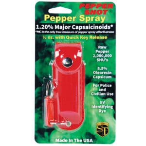 Pepper Shot 1/2 oz Pepper Spray Leatherette Holster package view - RED