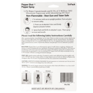 Pepper Shot 1.2% MC Tri-Pack Pepper Spray back view instructions