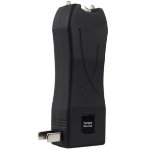 Runt Rechargeable Stun Gun With Flashlight And Wrist Strap Disable Pin side plug view - BLACK