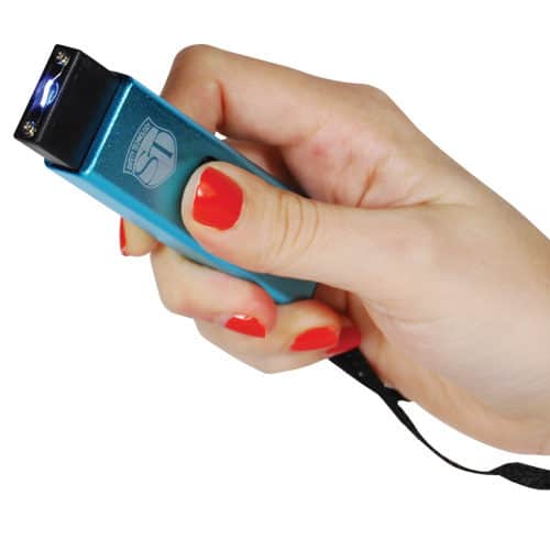 Slider Stun Gun LED Flashlight USB Recharger in hand view - BLUE