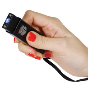 Slider Stun Gun LED Flashlight USB Recharger in hand view - BLACK