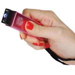 Slider Stun Gun LED Flashlight USB Recharger in hand view - PINK