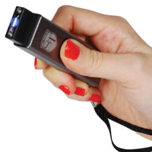 Slider Stun Gun LED Flashlight USB Recharger in hand view - SILVER