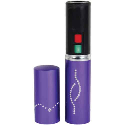 Stun Master Lipstick Stun Gun Rechargeable With Flashlight open view with switch - PURPLE