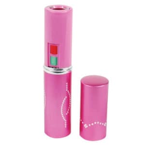 Stun Master Lipstick Stun Gun Rechargeable With Flashlight open view with switch - PINK