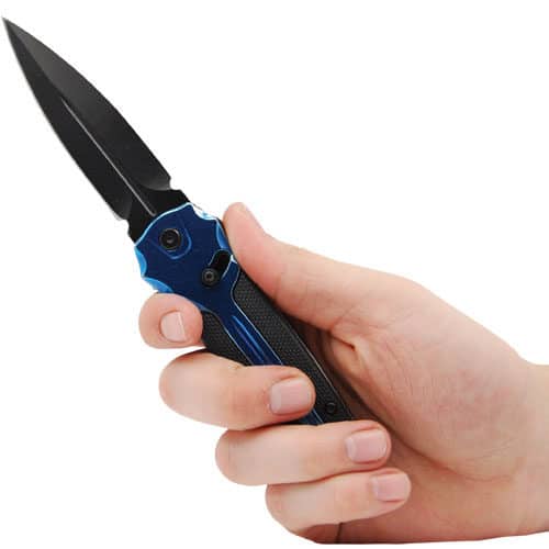 Folding Knife Spring Assisted Blue and Black in hand