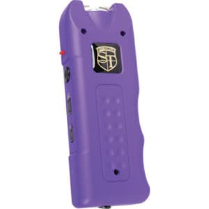 MultiGuard Stun Gun Rechargeable With Alarm and Flashlight upright front view - PURPLE
