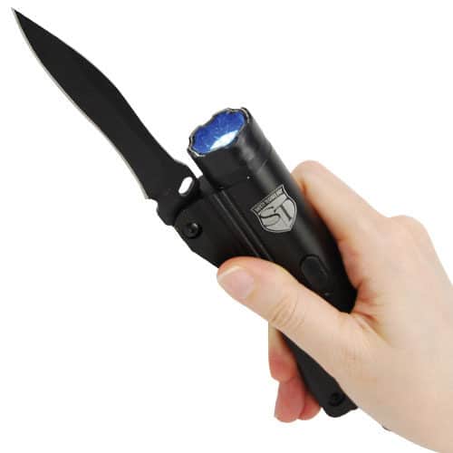 Stun Gun Knife and Flashlight in hand view with knife displayed