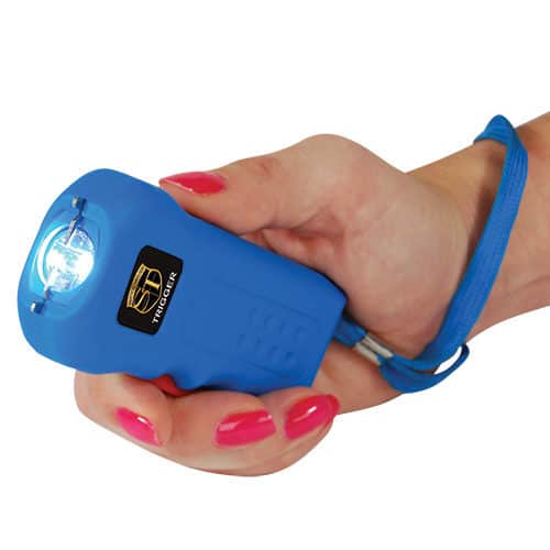 Trigger Stun Gun Flashlight with Disable Pin in hand view - BLUE