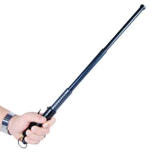Automatic Expandable 21.5″ Steel Baton Black Handle in hand extended view