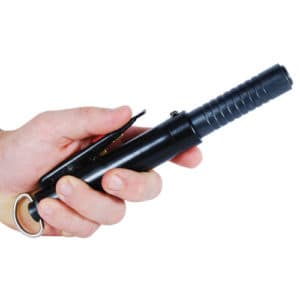Automatic Expandable 21.5″ Steel Baton Black Handle in hand with finger on trigger