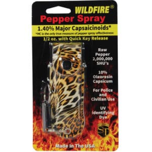 Wildfire™ Pepper Spray 1.4% MC 1/2 oz With Leatherette Holster package view - Cheetah BLACK/YELLOW