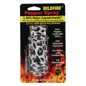 Wildfire™ Pepper Spray 1.4% MC 1/2 oz With Leatherette Holster package view - Leopard BLACK/WHITE