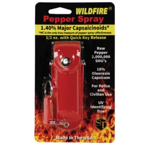 Wildfire™ Pepper Spray 1.4% MC 1/2 oz With Leatherette Holster package view - RED