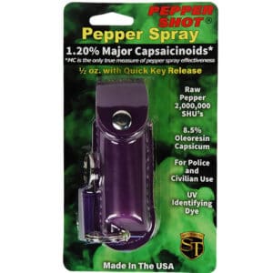 Pepper Shot 1/2 oz Pepper Spray Leatherette Holster package view - PURPLE