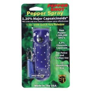 Pepper Shot 1.2% MC 1/2 oz Rhinestone Leatherette Holster Quick Release Keychain package view - BLUE