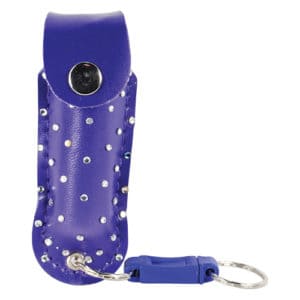 Pepper Shot 1.2% MC 1/2 oz Rhinestone Leatherette Holster Quick Release Keychain front view - BLUE