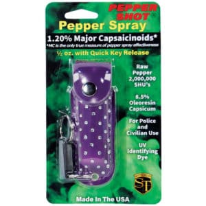 Pepper Shot 1.2% MC 1/2 oz Rhinestone Leatherette Holster Quick Release Keychain package view - PURPLE