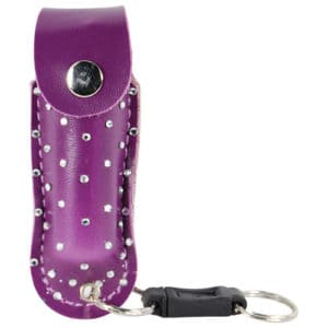 Pepper Shot 1.2% MC 1/2 oz Rhinestone Leatherette Holster Quick Release Keychain front view - PURPLE