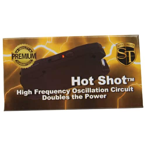 Hot Shot stun gun with flashlight and Battery Meter Black Package