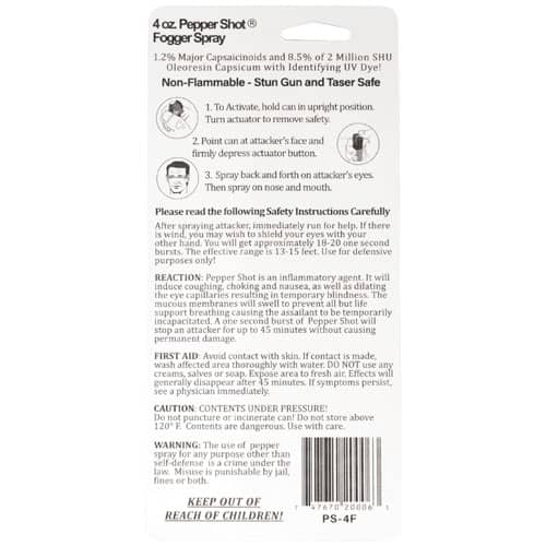 Pepper Shot 1.2% MC 4 oz Pepper Spray Fogger Package Back