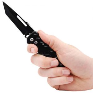 Automatic Heavy Duty Knife with 5 hole handle - view in hand blade displayed